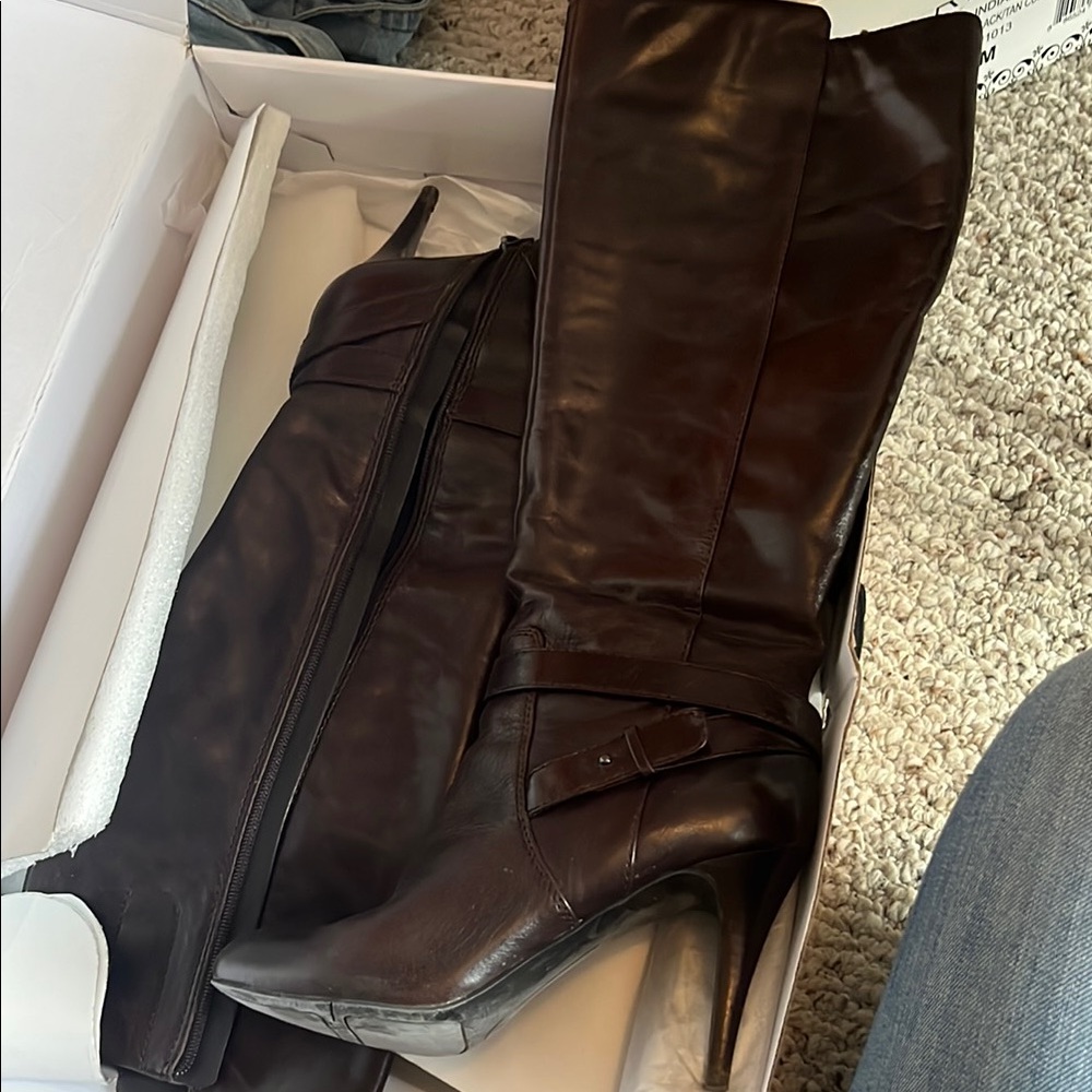 Nine West Brown Heeled Boots Sleek Leather Knee-High